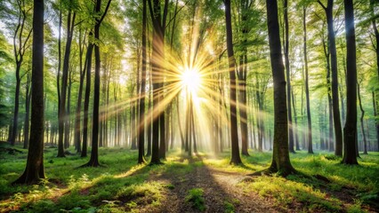 Obraz premium Sunbeams Through Forest Trees