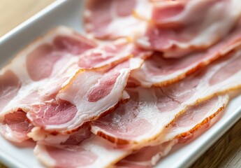 Freshly sliced premium bacon on a white plate showcasing the delicate marbling and rich color, ideal for culinary uses and food photography projects