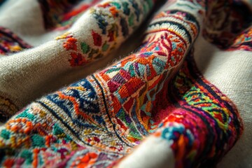 Fototapeta premium A close-up shot of a vibrant scarf lying on a bed, ideal for use in fashion or lifestyle contexts