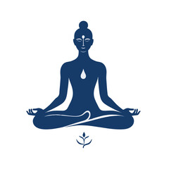 Stylized meditation figure in lotus position with a water droplet and plant element