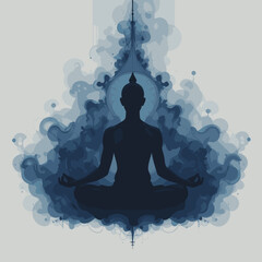 Silhouette of a meditating figure surrounded by a colorful abstract cloud of blue hues