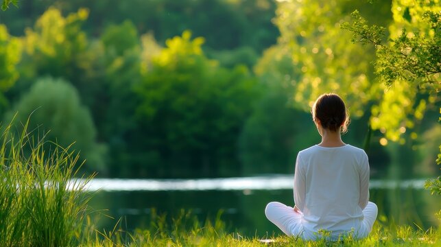 serene woman meditating peacefully by tranquil lake surrounded by lush greenery and trees, embodying calmness and harmony. 