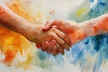 Fototapeta premium Two human hands are shaking in a watercolor painting style