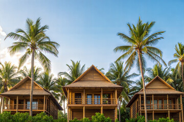 Fototapeta premium Stunning Luxury Tree Houses Amid Lush Palm Trees, Tropical Paradise, Nature Photography, Scenic View, Relaxing Environment