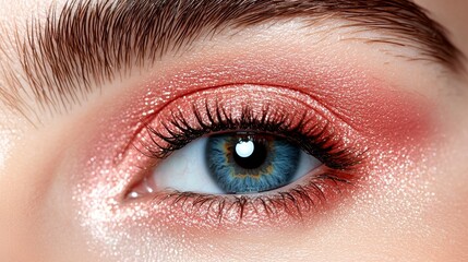 Obraz premium Close Up of Blue Eye with Rose Gold Glitter Eyeshadow