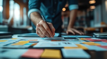 Obraz premium Focused Businessperson Strategizing with Sticky Notes and Charts