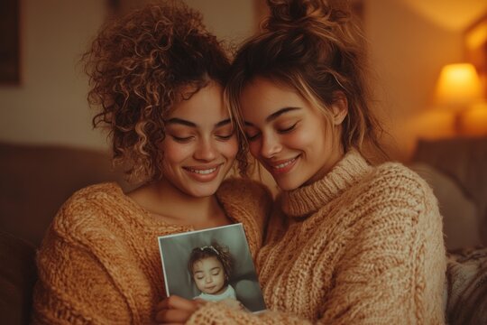 Joyful lesbian couple sharing ultrasound scan photo at home celebrating pregnancy and family love