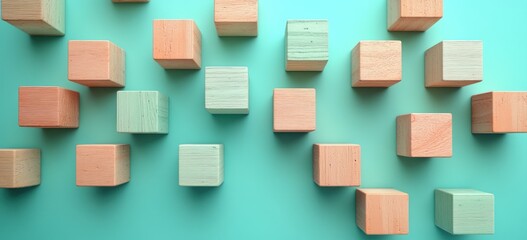 Connection and Collaboration in Business Networks with Wooden Blocks on Teal Background