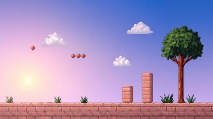 Pixelated landscape game level. Dawn sky