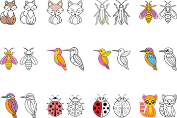 Colorful Animal and Insect Line Art Drawings Illustrations for Kids Coloring Book Pages