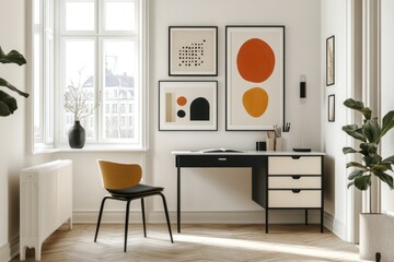 Modern Scandinavian home office with artwork