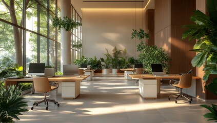 Modern, sunlit office features minimalist desks, ergonomic chairs, and abundant indoor plants creating a biophilic workspace