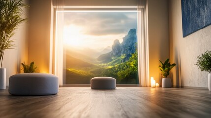 Fototapeta premium serene meditation space with soft lighting, natural elements, and breathtaking mountain view, promoting relaxation and mindfulness. 