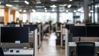 Modern office workspace interior.  Blurred view of numerous workstations, computers, and employees