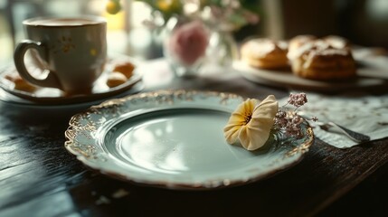 A plate with a delicious-looking pastry served with a cup of steaming hot coffee