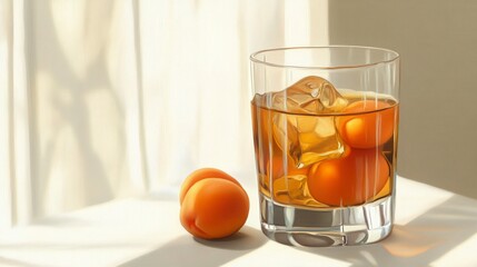 Apricot drink, ice, sunlight, window, summer refreshment