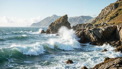 Waves crashing against a rugged rocky shoreline with vibrant blue waters and a bright sky, capturing the raw power of the ocean in a coastal landscape.