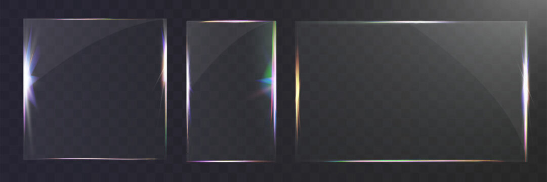	
Transparent glass set with smooth edges, reflections, glare, and prismatic light effects. Various geometric shapes for UI, web, and graphic design.
