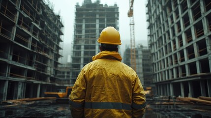Fototapeta premium Construction Worker Contemplating Skyscrapers: A Rainy Day at the Building Site