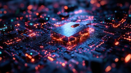 Cybersecurity Digital Art with Padlock on Microchip Board Symbolizing Protection and Safety in Cyberspace