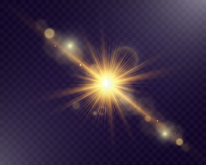 Fototapeta premium Golden glowing light explosion with radiant beams and lens flare on a transparent dark background. Perfect for abstract, festive, and digital designs. 
