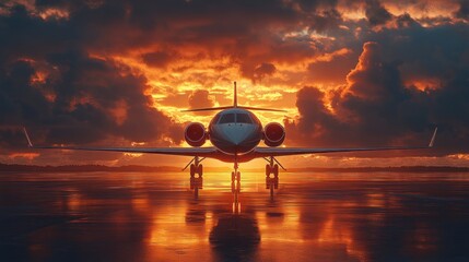 Private Jet Sunset on Runway in Hyper-Realistic Art Style