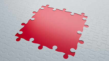 Empty Red Surface in a Sea of White Puzzle pieces - Symbol of Solution and Strategy with copy-space