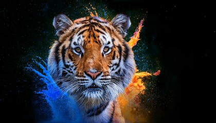 Naklejka premium tiger in paint splash vibrant colorful