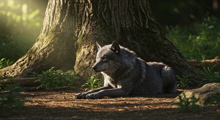 Obraz premium Majestic Gray Wolf Resting in Forest Sunlight Wild Canine Nature Photography