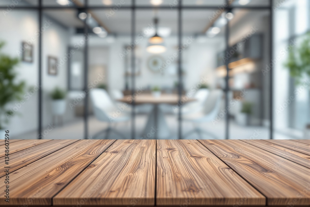 Poster wooden table top for product display in modern interior with blurred background.