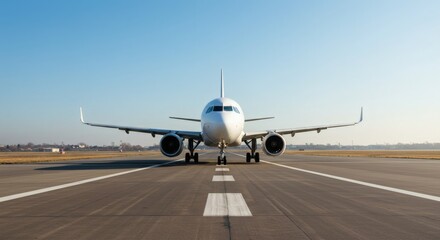 A plane taxiing on the runway, preparing for takeoff.
