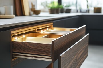 A kitchen counter with a drawer containing candles, ideal for home decor and interior design projects