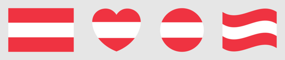 Set of Austria flags isolated. Austria flags set in square, circle, waving flag and heart shape icons various designs element. Austria flags collection different style. Vector illustration.