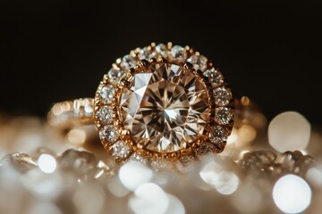 A diamond ring sits atop a pile of diamonds, perfect for jewelry or luxury settings