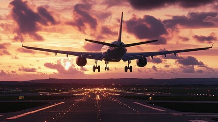 Airplane Taking Off at Sunset with Glowing Twilight Sky and Runway View