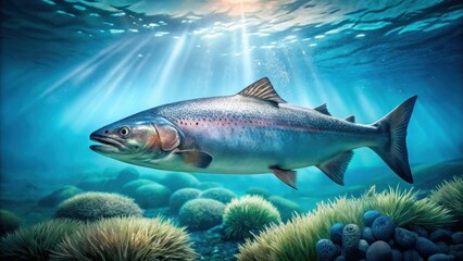 A Majestic Salmon Gracefully Navigates the Underwater Realm, Illuminated by Sunbeams Piercing the Aquatic Depths