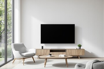 Modern minimalist living room interior with wooden furniture and large TV on white wall.