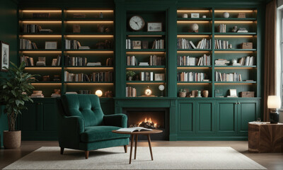 AI-assisted home library in deep emerald, with interactive bookshelves that suggest new reading materials based on past interests. The space