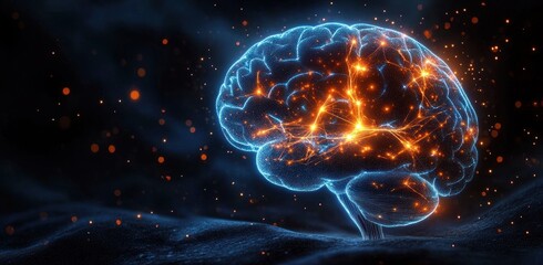 Obraz premium Human Brain Neural Network with Glowing Connections in Cyberpunk Style
