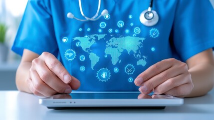 Healthcare Professional Using Tablet with Global Health Concept Overlay