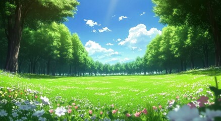 Beautiful animated landscape featuring a bright blue sky and green fields