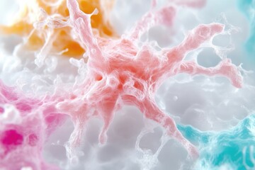 Colorful abstract representation of cells.  Detailed view of the complex structure and form of multiple cells in varying pastel hues, including pink, orange, and teal, against a white background
