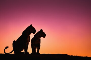 Silhouette of lion and lioness at sunset