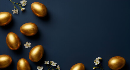 Naklejka premium Golden Easter Eggs and Pink Blossoms on Dark Blue Background for Spring Celebration