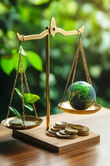 scales that balance the Earth on one side and coins or financial statements on the other