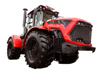 This powerful red tractor stands isolated, showcasing its robust design and modern technological features. Ideal for diverse agricultural activities, it represents efficiency in farming.