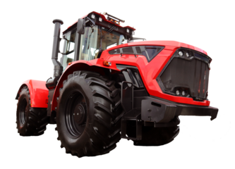 This powerful red tractor stands isolated, showcasing its robust design and modern technological features. Ideal for diverse agricultural activities, it represents efficiency in farming.