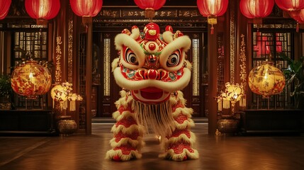 Lion Dance Performance, Chinese New Year, Temple Entrance