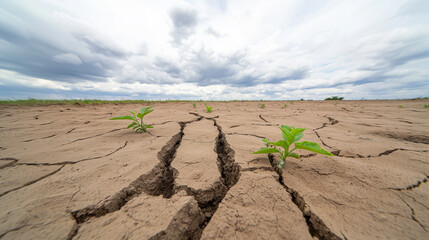 Dry and Cracked Earth Under a Cloudy Sky