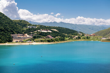 Fototapeta premium The high-altitude lake Kezenoy—Am is the largest lake in the North Caucasus, located on the border of the Cheberloevsky district of the Chechen Republic and the Botlikhsky district of Dagestan, Russia